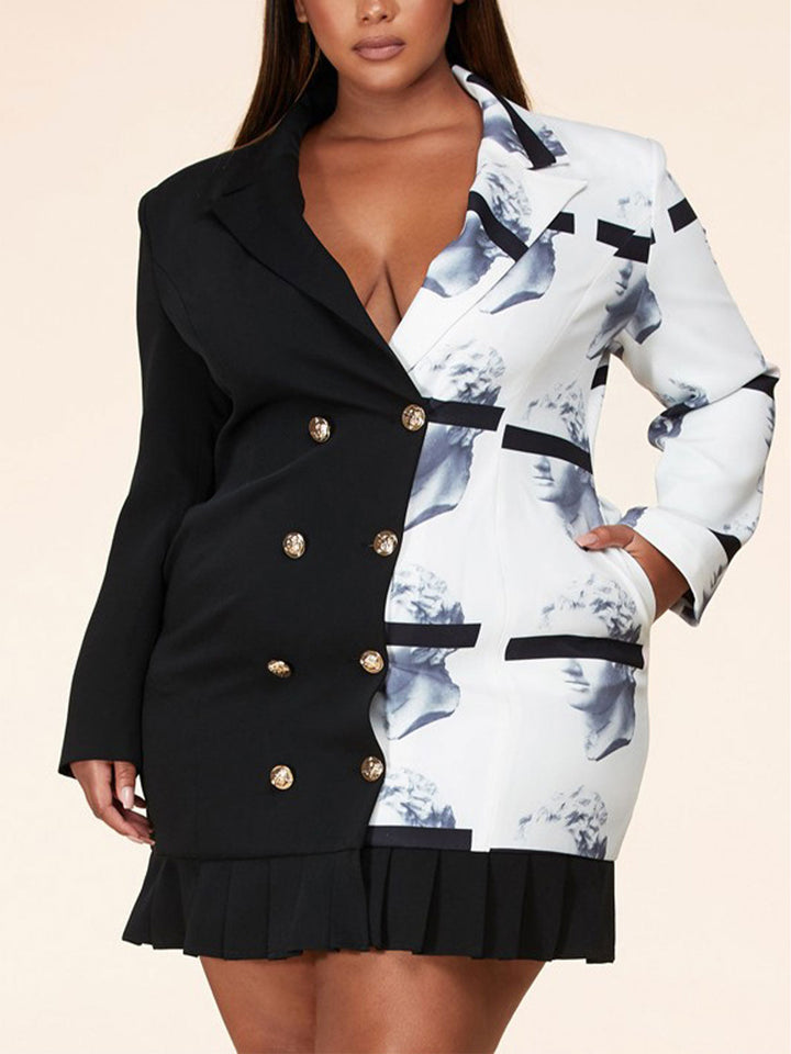 PLUS SIZE LONG SLEEVE COLORBLOCK FRONT BUTTONS DETAILED WITH POCKETS MINI DRESS