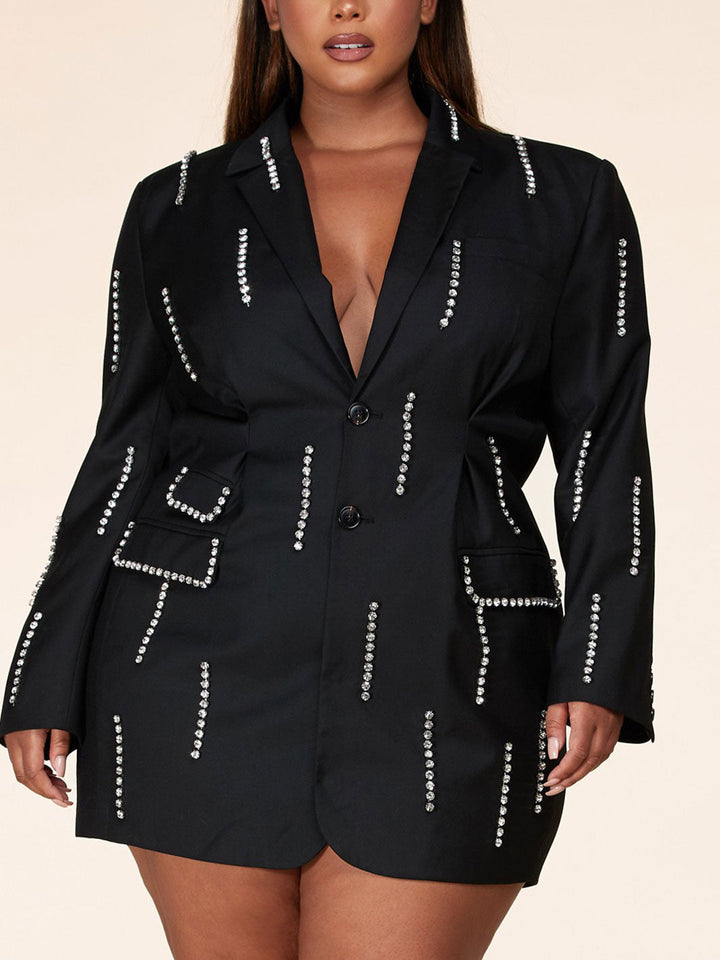 PLUS SIZE LONG SLEEVE COLLAR STUDS DETAILED MINI DRESS