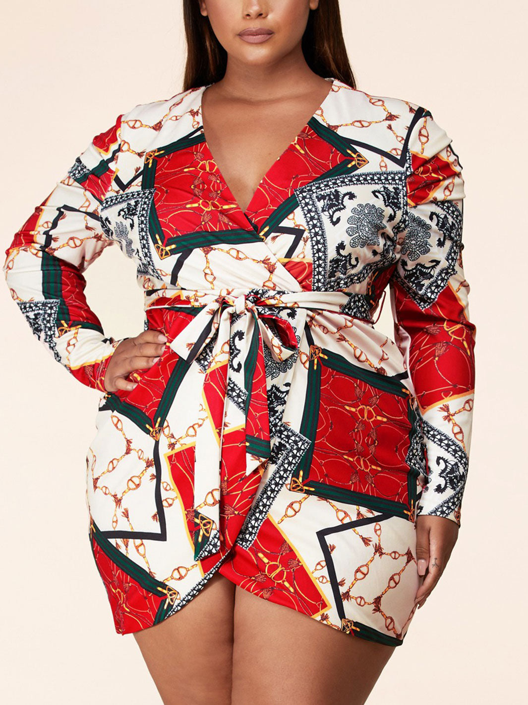 PLUS SIZE LONG SLEEVE MULTI PRINT WRAP MINI DRESS