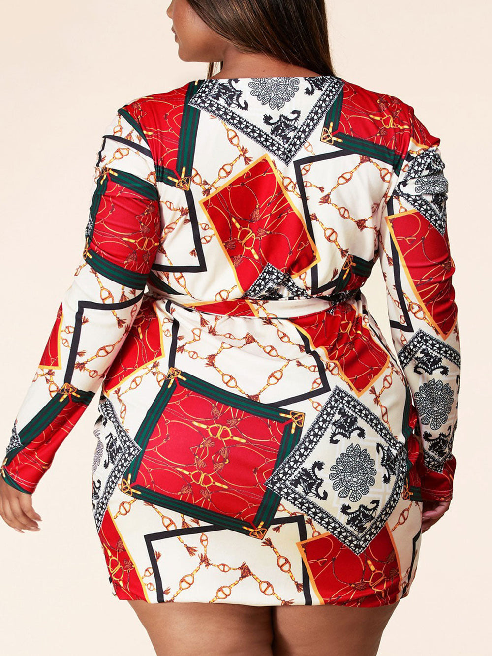 PLUS SIZE LONG SLEEVE MULTI PRINT WRAP MINI DRESS