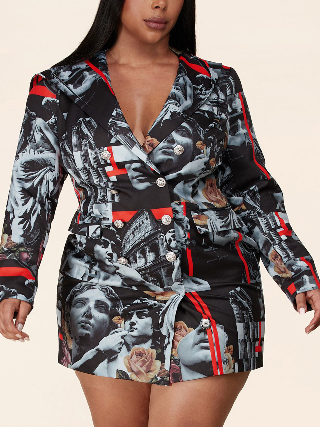 PLUS SIZE LONG SLEEVE BUTTON UP ARTWORK PRINT HOODED MINI DRESS