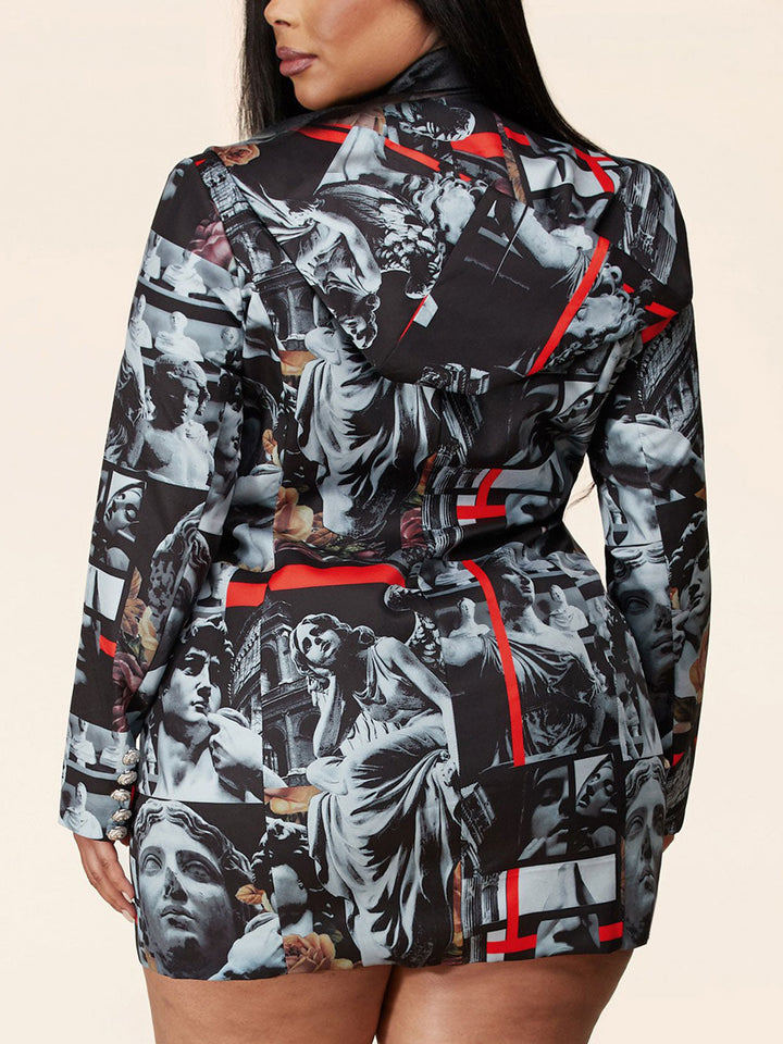 PLUS SIZE LONG SLEEVE BUTTON UP ARTWORK PRINT HOODED MINI DRESS