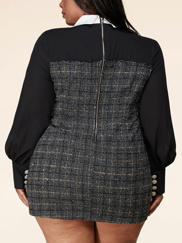 PLUS SIZE LONG SLEEVE BUTTONS DETAILED COLLAR MINI DRESS