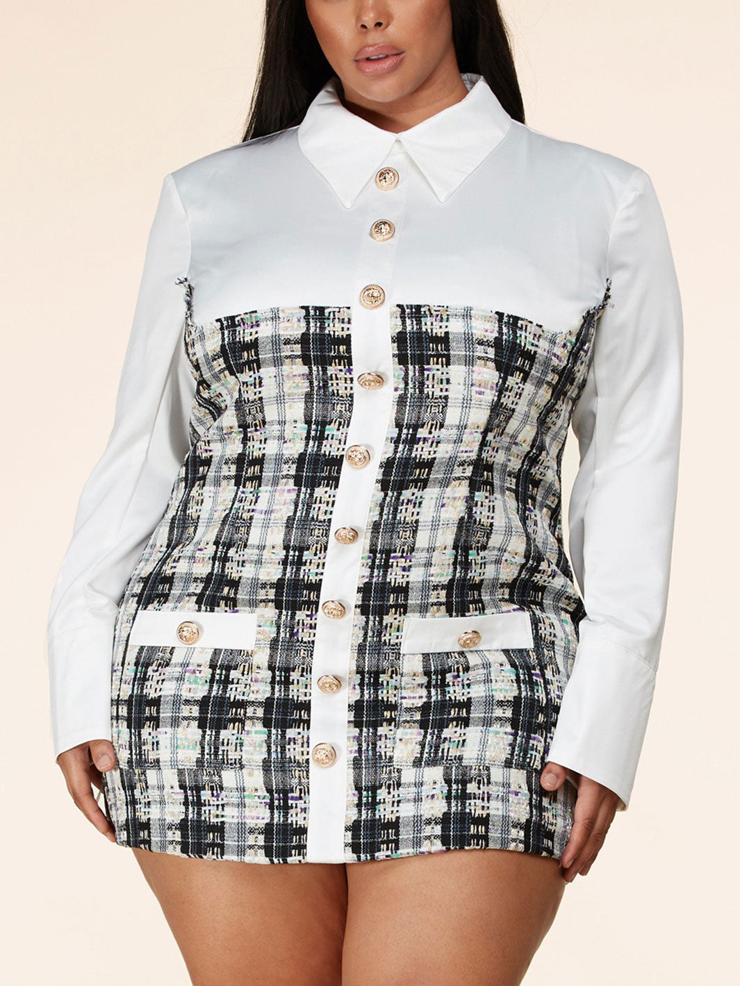 PLUS SIZE LONG SLEEVE BUTTON FRONT COLLAR MINI DRESS