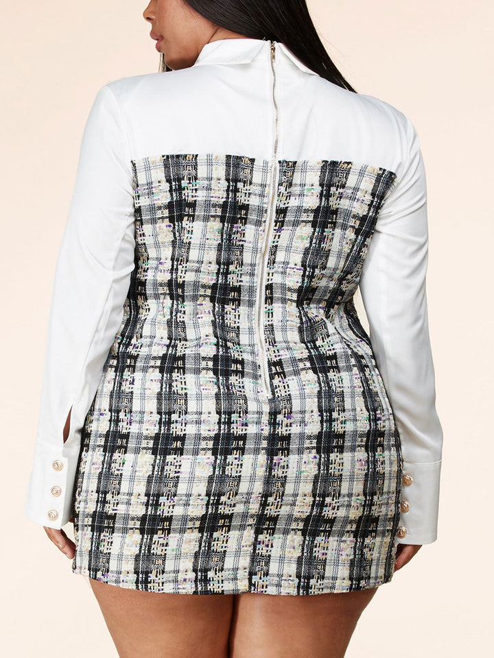 PLUS SIZE LONG SLEEVE BUTTON FRONT COLLAR MINI DRESS