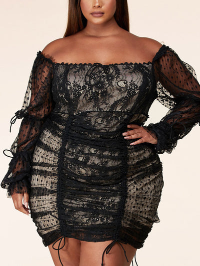 PLUS SIZE LONG BELL SLEEVES RUCHED OFF SHOULDER MESH MINI DRESS