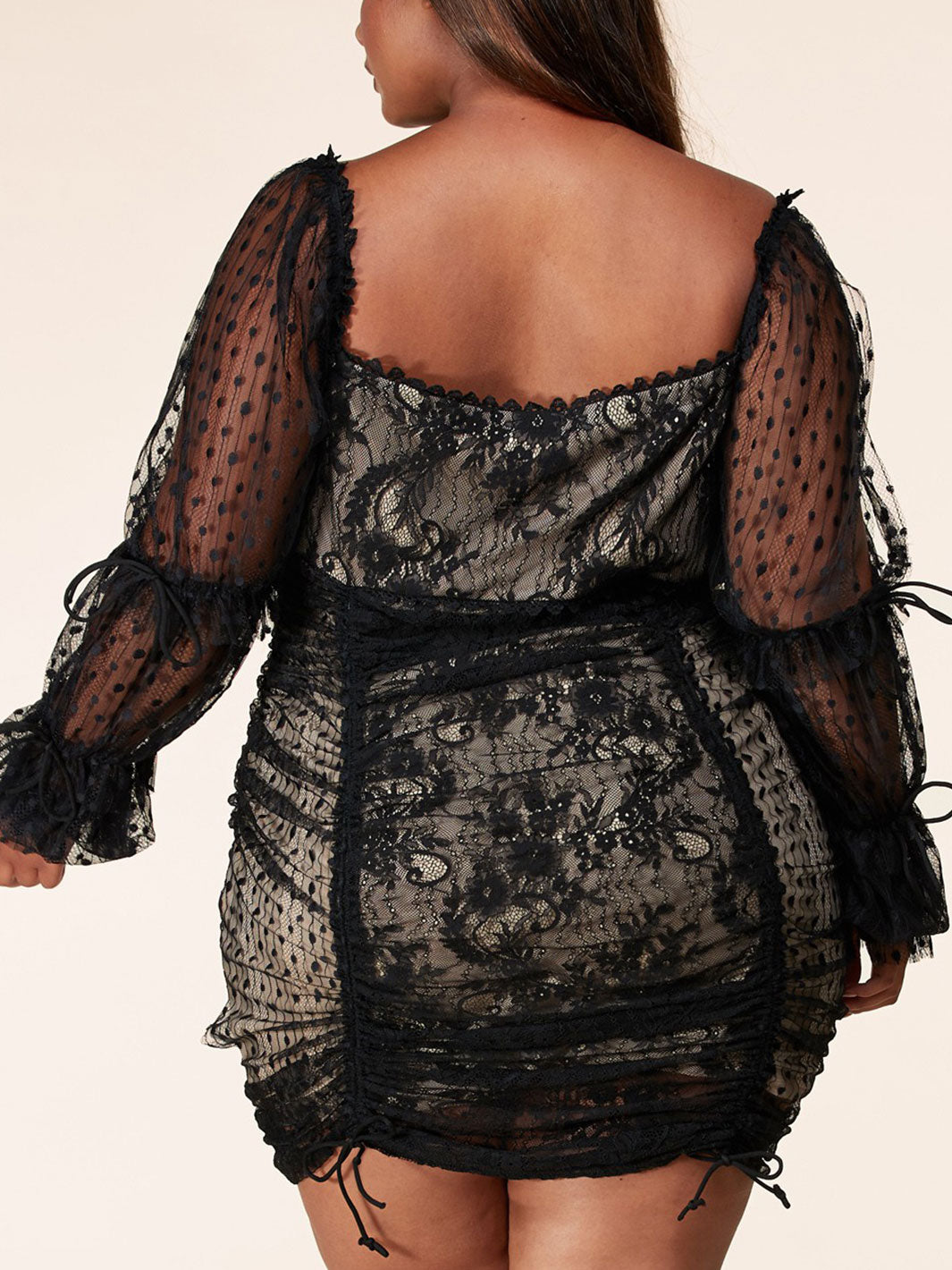 PLUS SIZE LONG BELL SLEEVES RUCHED OFF SHOULDER MESH MINI DRESS