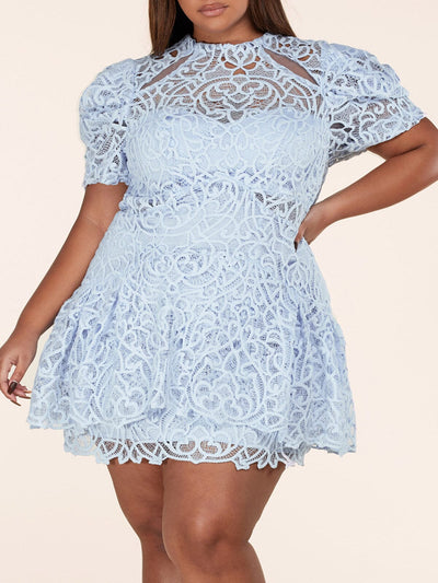 PLUS SIZE SHORT PUFF SLEEVE ALL OVER LACE MINI DRESS