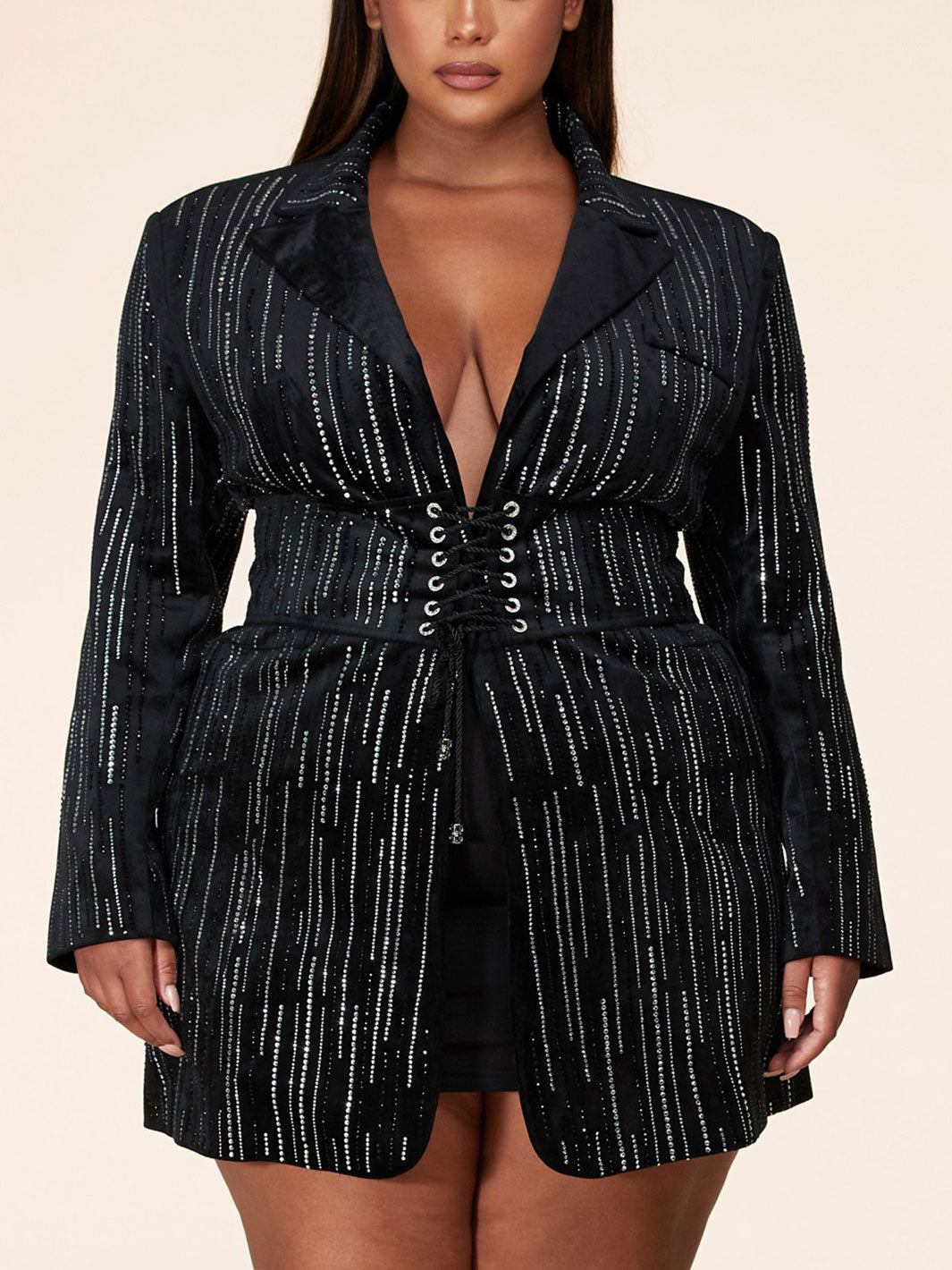 PLUS SIZE LONG SLEEVE RHIMESTONE WITH BELT MINI DRESS