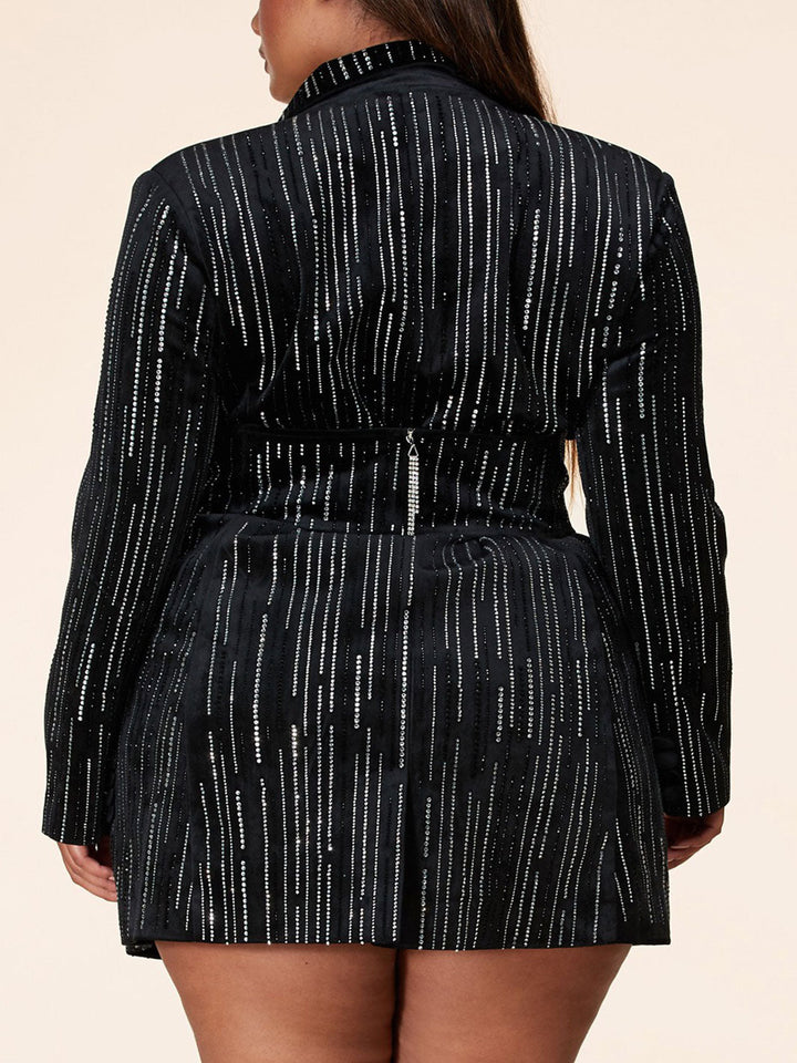 PLUS SIZE LONG SLEEVE RHIMESTONE WITH BELT MINI DRESS