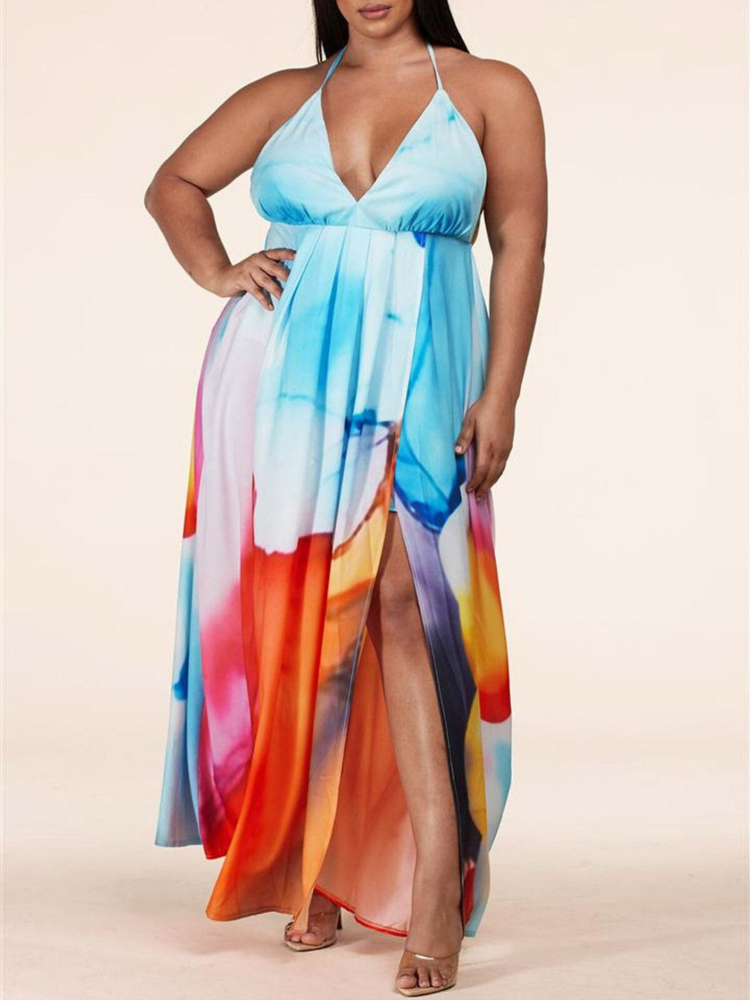 PLUS SIZE SLEEVELESS V-NECK TIE DYE MAXI DRESS