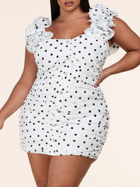 PLUS SIZE SLEEVELESS RUFFLE RUCHED DOTS BODYCON MINI DRESS