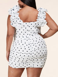 PLUS SIZE SLEEVELESS RUFFLE RUCHED DOTS BODYCON MINI DRESS