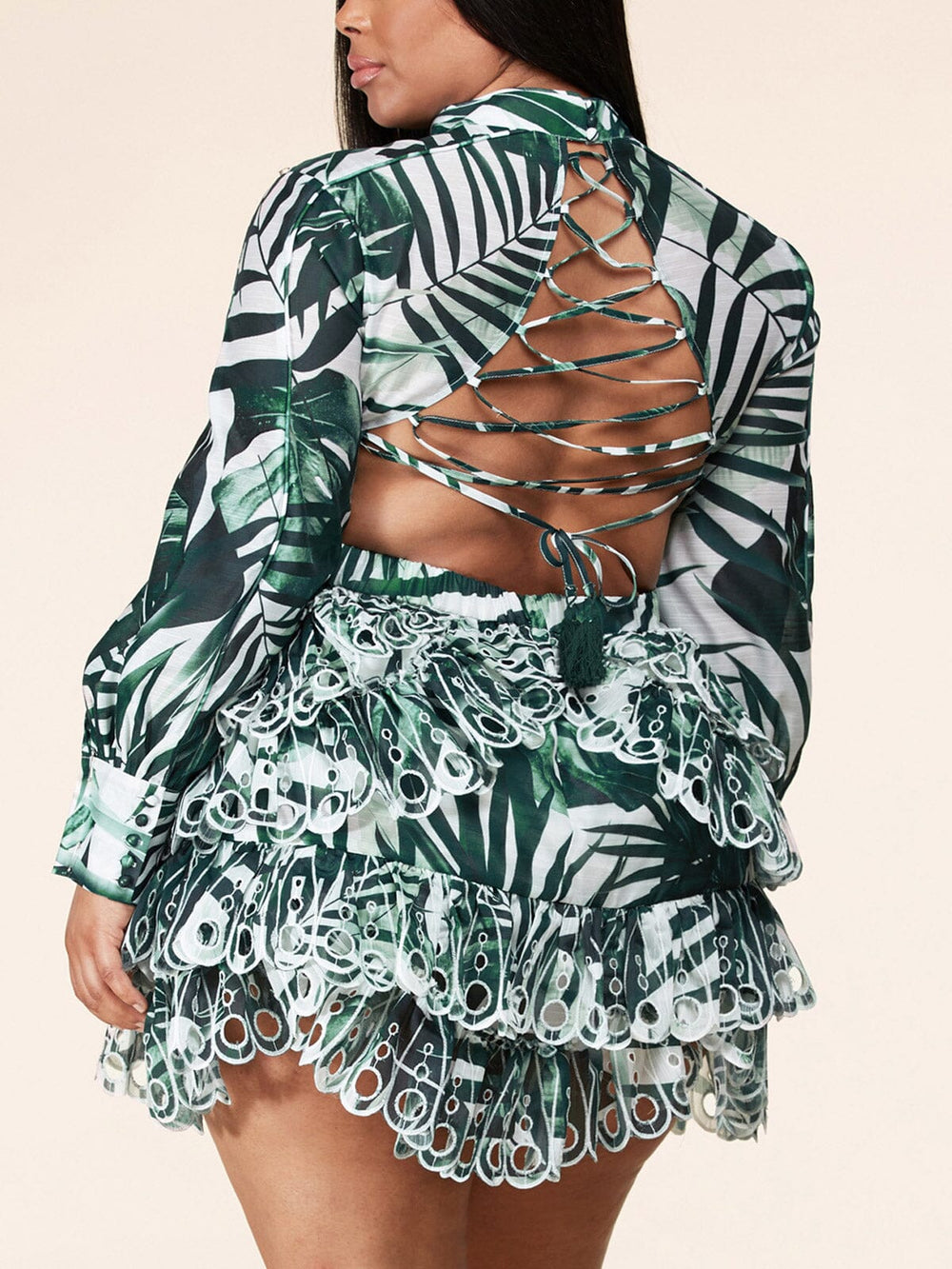 PLUS SIZE LONG SLEEVE MOCK NECK OPEN LACE UP BACK FLORAL MINI DRESS