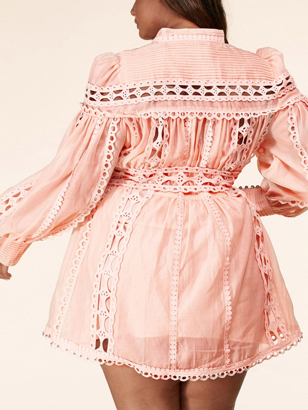 PLUS SIZE LONG SLEEVE LACE PEARL DETAILED BELTED MINI DRESS