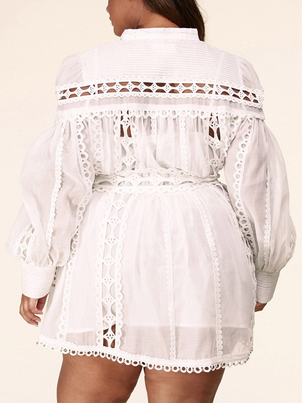 PLUS SIZE LONG SLEEVE LACE PEARL DETAILED BELTED MINI DRESS