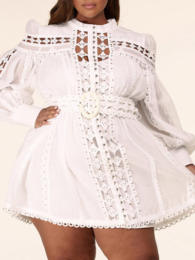 PLUS SIZE LONG SLEEVE LACE PEARL DETAILED BELTED MINI DRESS