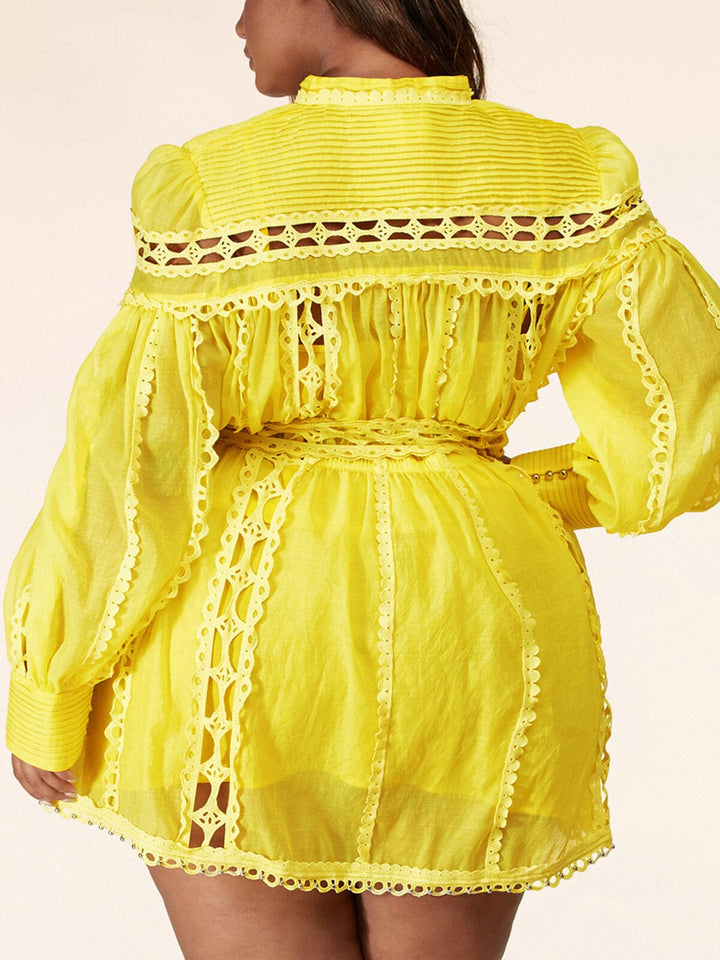 PLUS SIZE LONG SLEEVE LACE PEARL DETAILED BELTED MINI DRESS