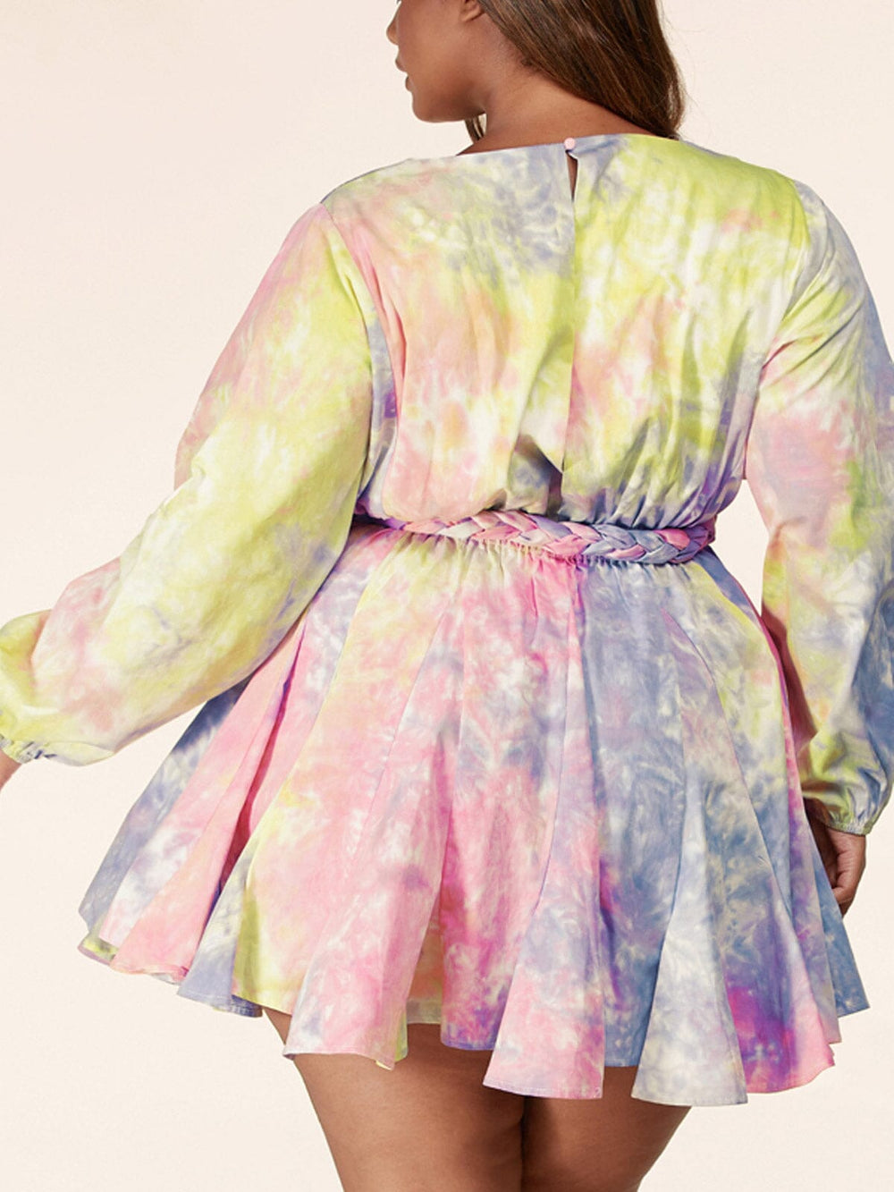 PLUS SIZE LONG SLEEVE V-NECK TIE DYE MINI DRESS
