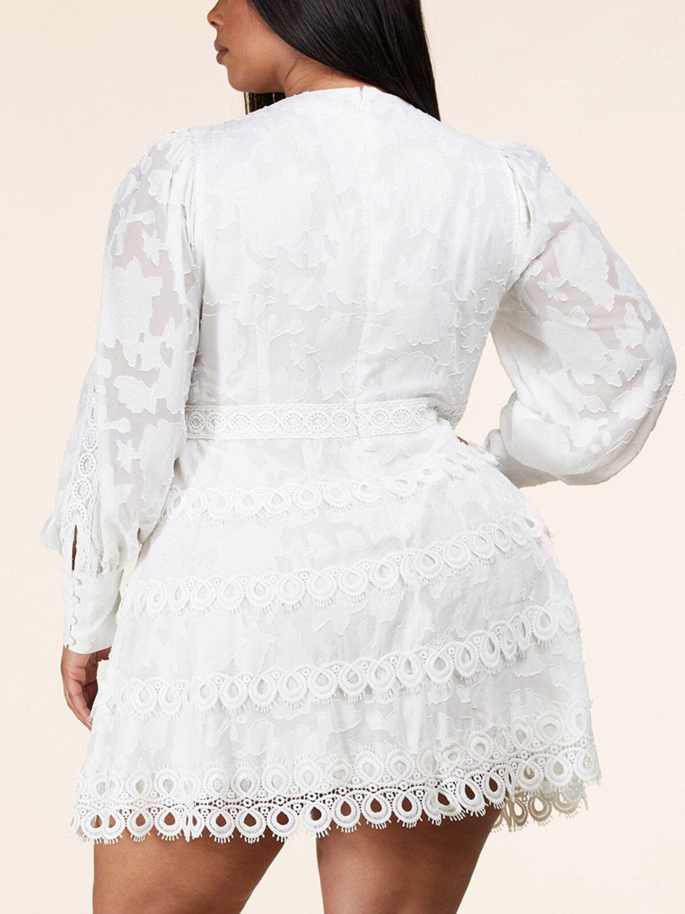 PLUS SIZE LONG SLEEVE LACE V-NECK MINI DRESS