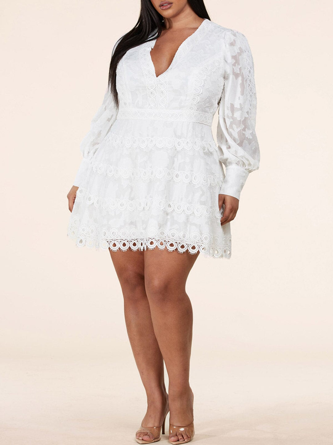 PLUS SIZE LONG SLEEVE LACE V-NECK MINI DRESS