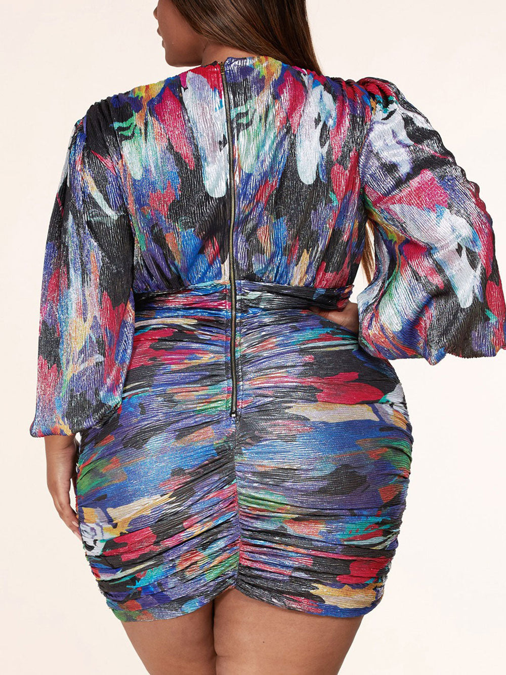 PLUS SIZE LONG BELL SLEEVES V-NECK BODYCON MULTI COLOR MINI DRESS