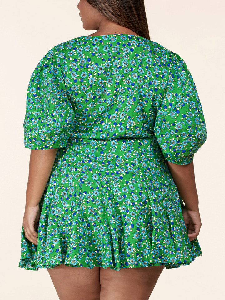 PLUS SIZE 3/4 SLEEVES WRAP FLORAL MINI DRESS