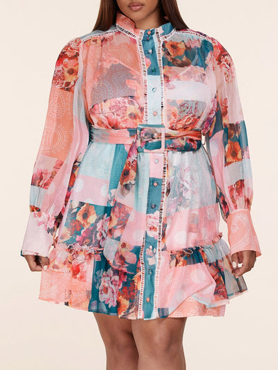 PLUS SIZE LONG PUFF SLEEVE BUTTON UP BELTED FLORAL MINI DRESS