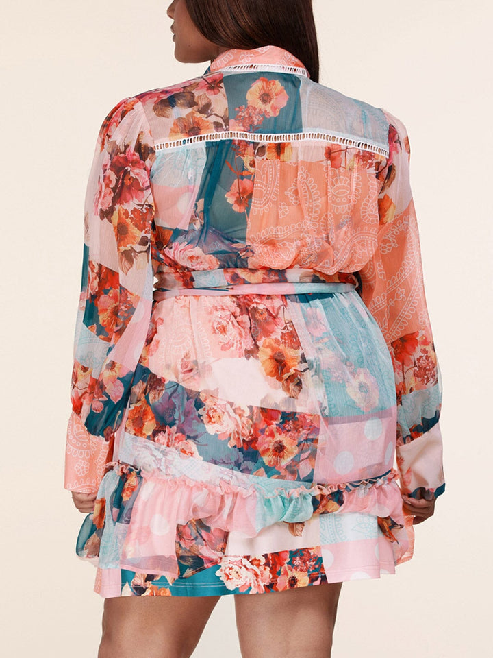 PLUS SIZE LONG PUFF SLEEVE BUTTON UP BELTED FLORAL MINI DRESS