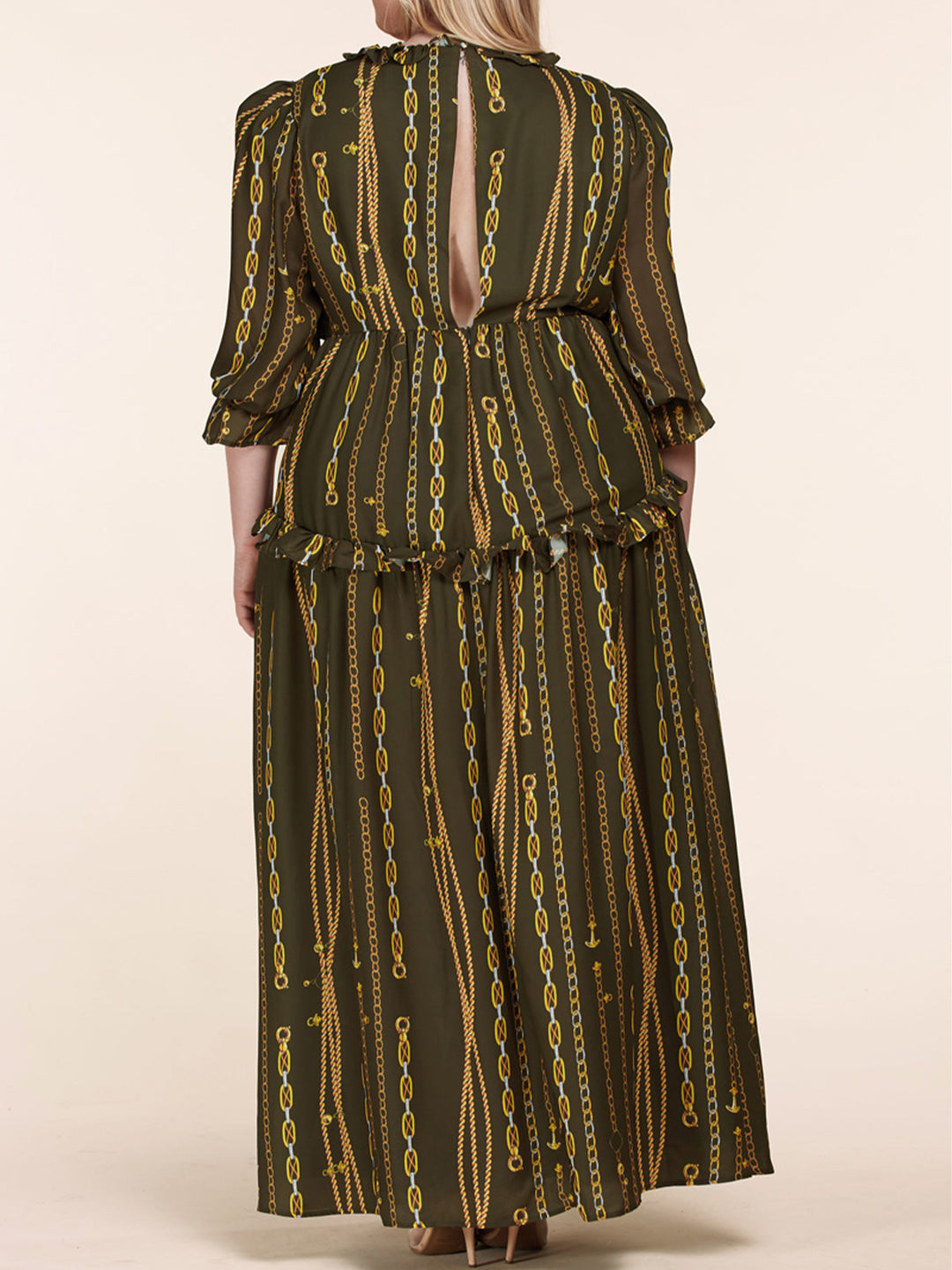 PLUS SIZE 3/4 SLEEVE V-NECK CHAIN PRINT MAXI DRESS