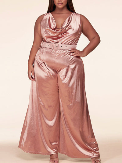 PLUS SIZE SILK COWL NECK WIDE LEG WITH BELT JUMPSUIT