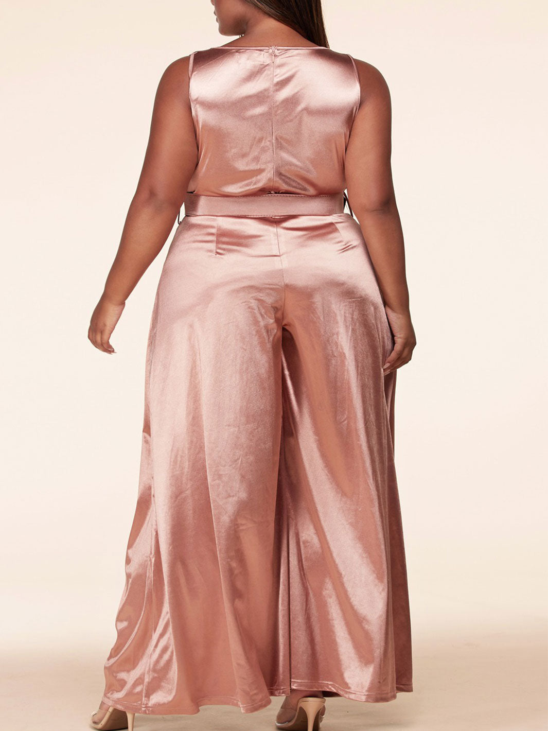 PLUS SIZE SILK COWL NECK WIDE LEG WITH BELT JUMPSUIT