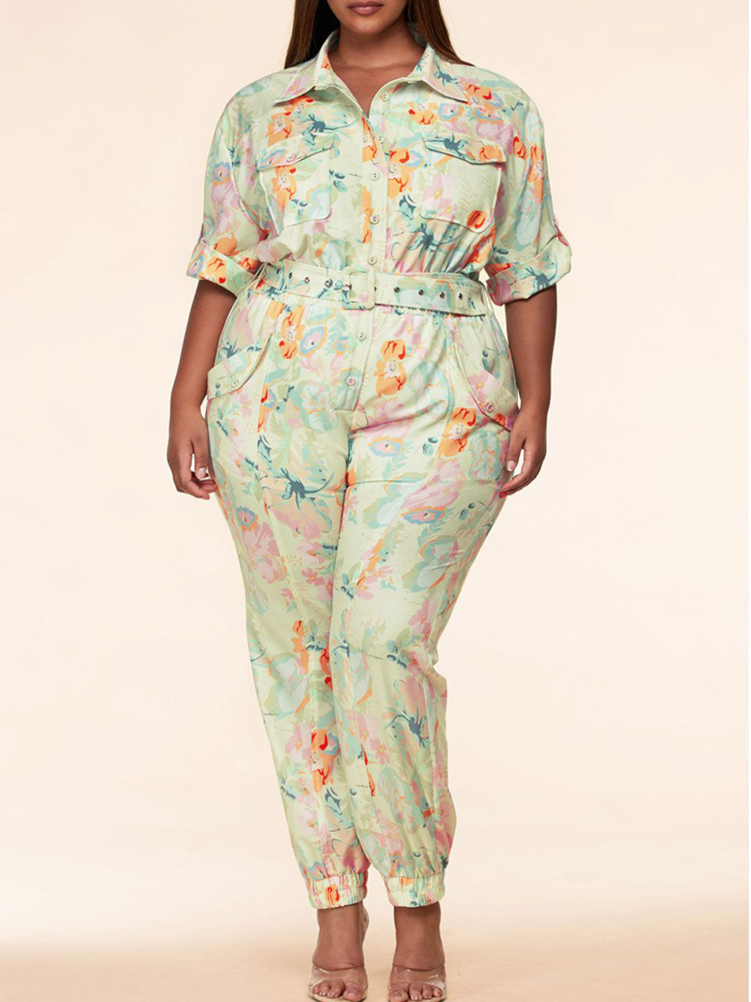 PLUS SIZE SHORT SLEEVE FLORAL BELT JUMPSUIT