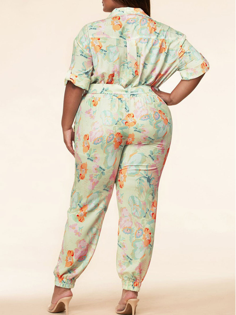 PLUS SIZE SHORT SLEEVE FLORAL BELT JUMPSUIT