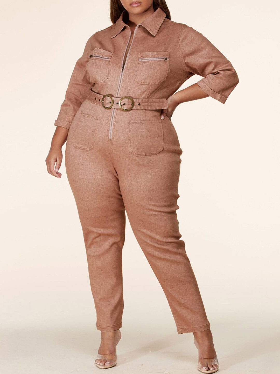 PLUS SIZE 3/4 SLEEVE ZIP UP BELTED DENIM JUMPSUIT