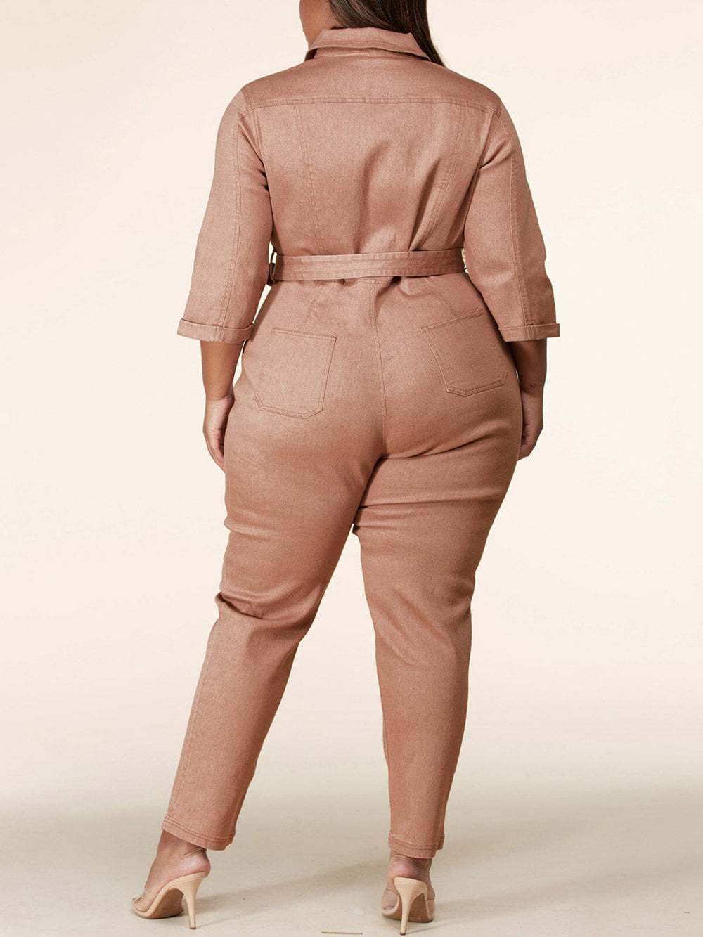 PLUS SIZE 3/4 SLEEVE ZIP UP BELTED DENIM JUMPSUIT