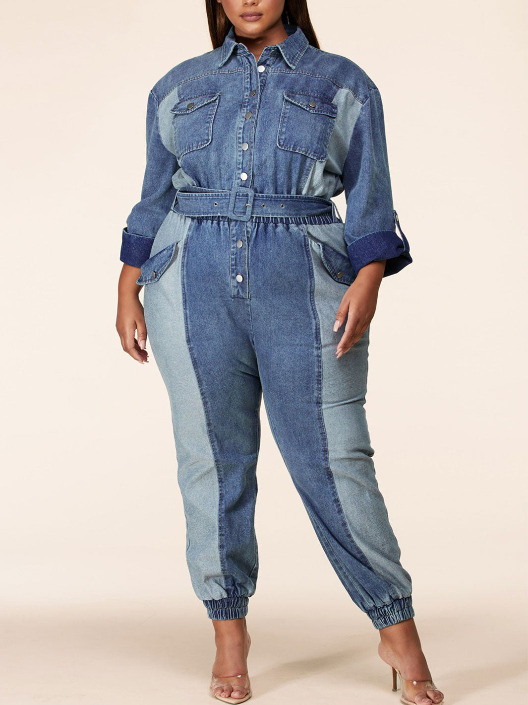 PLUS SIZE LONG SLEEVE TWO TONE DENIM JUMPSUIT