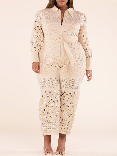 PLUS SIZE LONG SLEEVE ZIP UP EYELET BELTED JUMPSUIT