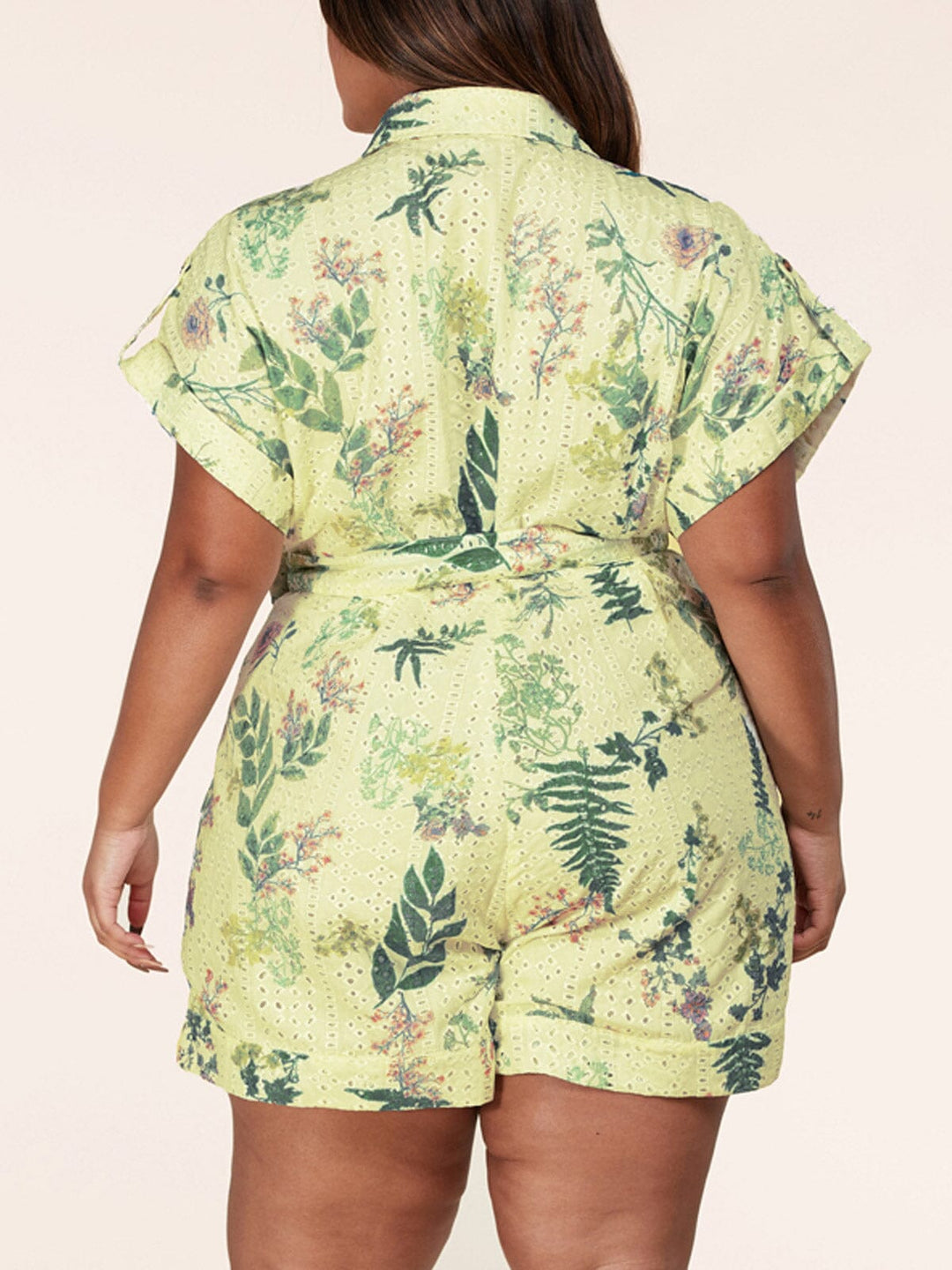 PLUS SIZE SHORT SLEEVE ZIP UP FLORAL EYELET ROMPER