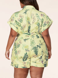 PLUS SIZE SHORT SLEEVE ZIP UP FLORAL EYELET ROMPER