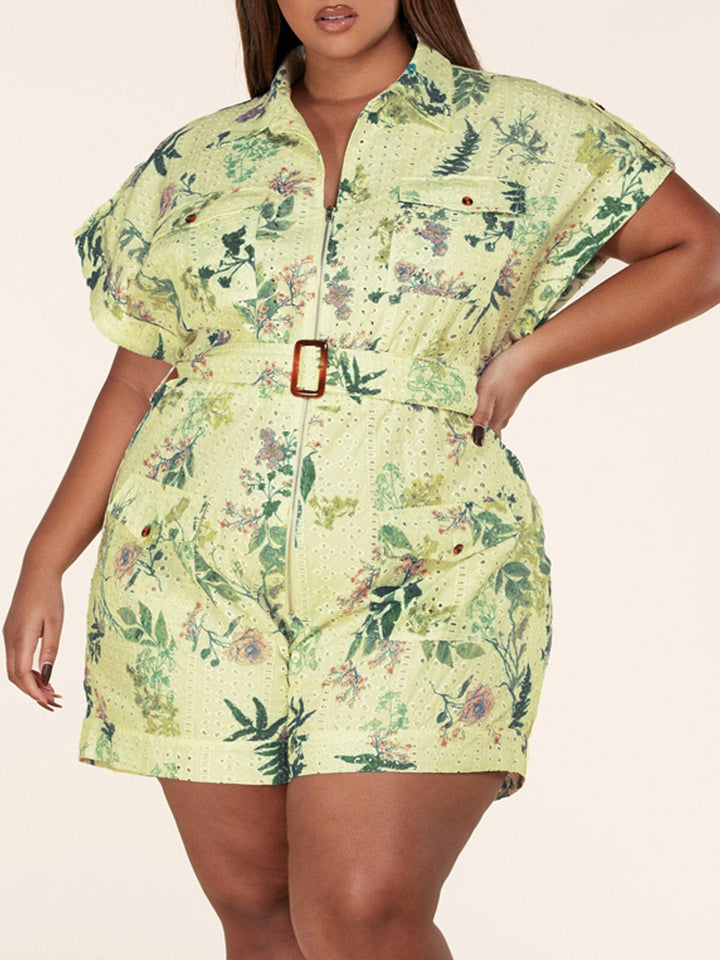 PLUS SIZE SHORT SLEEVE ZIP UP FLORAL EYELET ROMPER