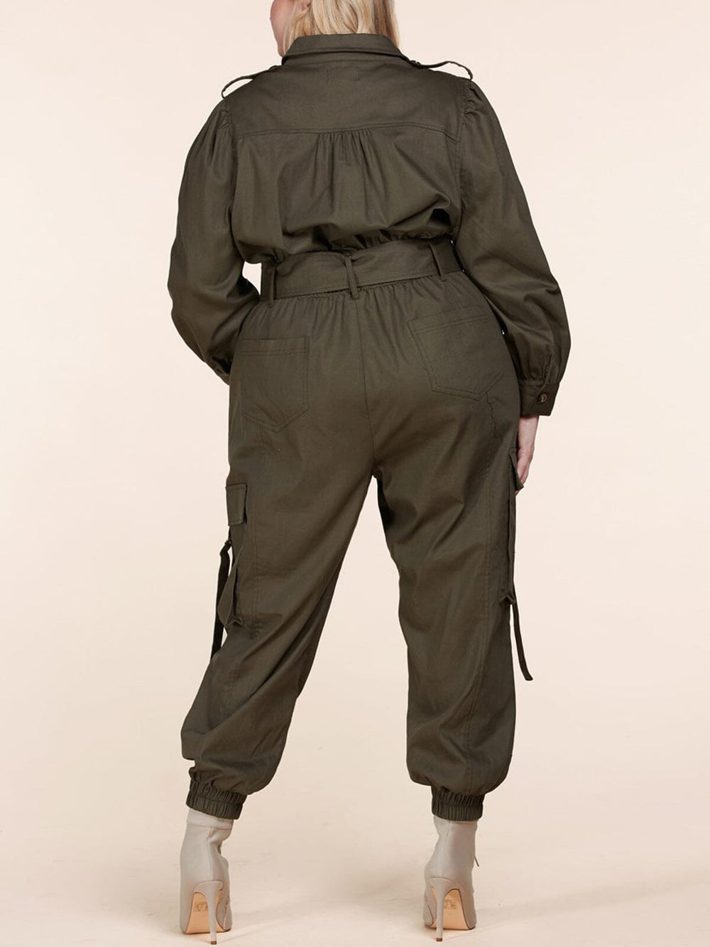 PLUS SIZE LONG SLEEVE BUTTON UP CARGO JUMPSUIT