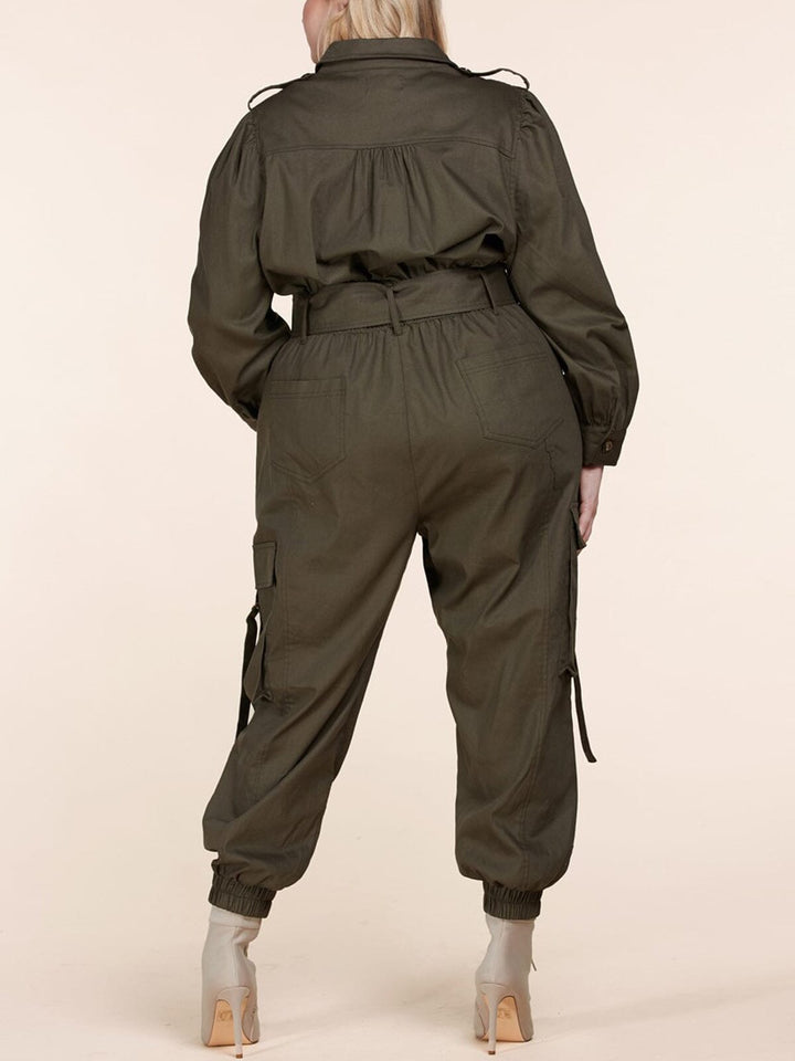 PLUS SIZE LONG SLEEVE BUTTON UP CARGO JUMPSUIT