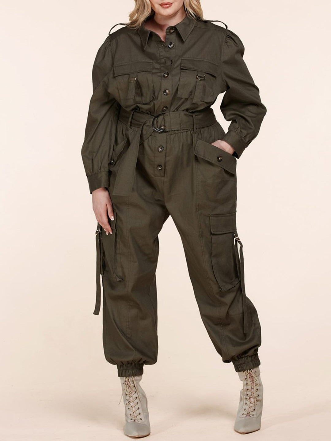 PLUS SIZE LONG SLEEVE BUTTON UP CARGO JUMPSUIT
