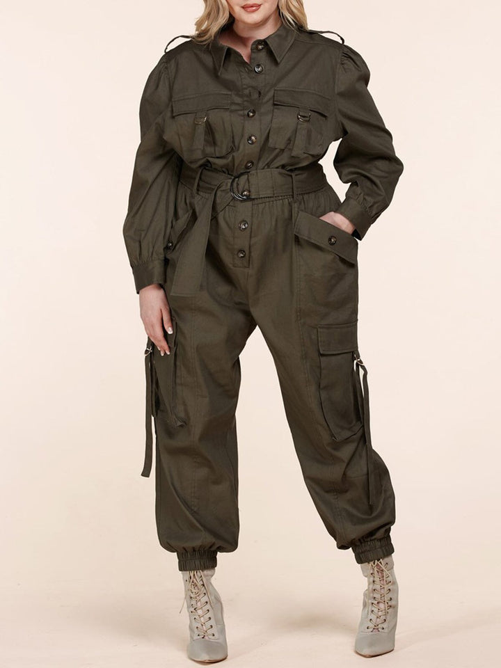 PLUS SIZE LONG SLEEVE BUTTON UP CARGO JUMPSUIT