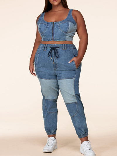 PLUS SIZE TWO TONE DENIM ZIP UP TOP AND PANTS SET