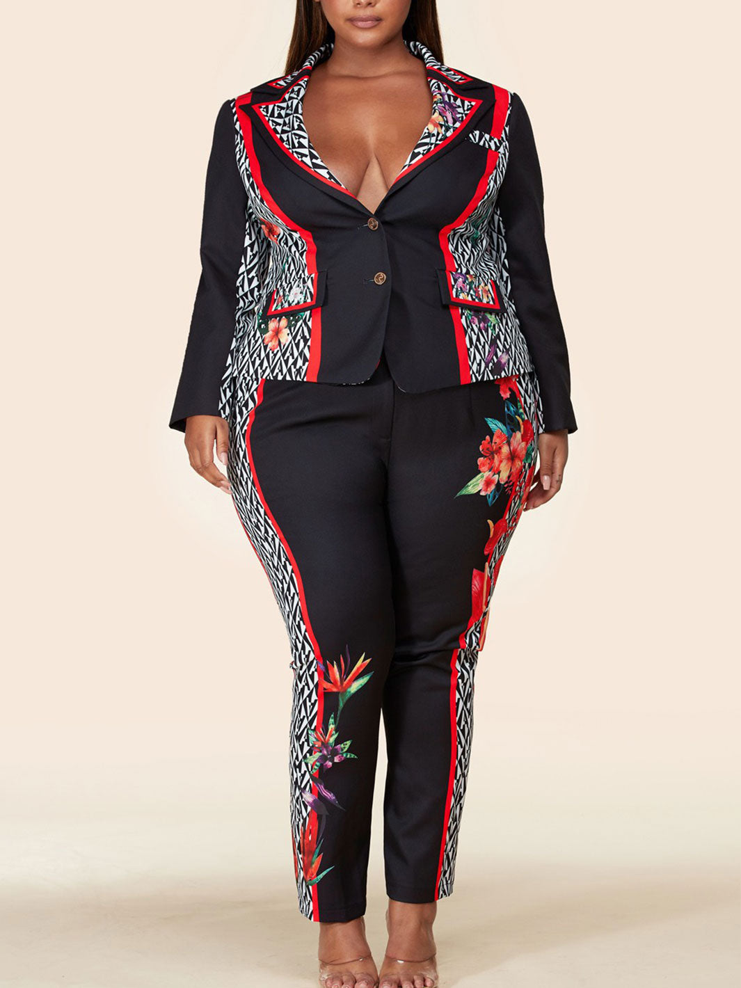 PLUS SIZE MULTI PRINT 2PC. JACKET AND PANTS SET