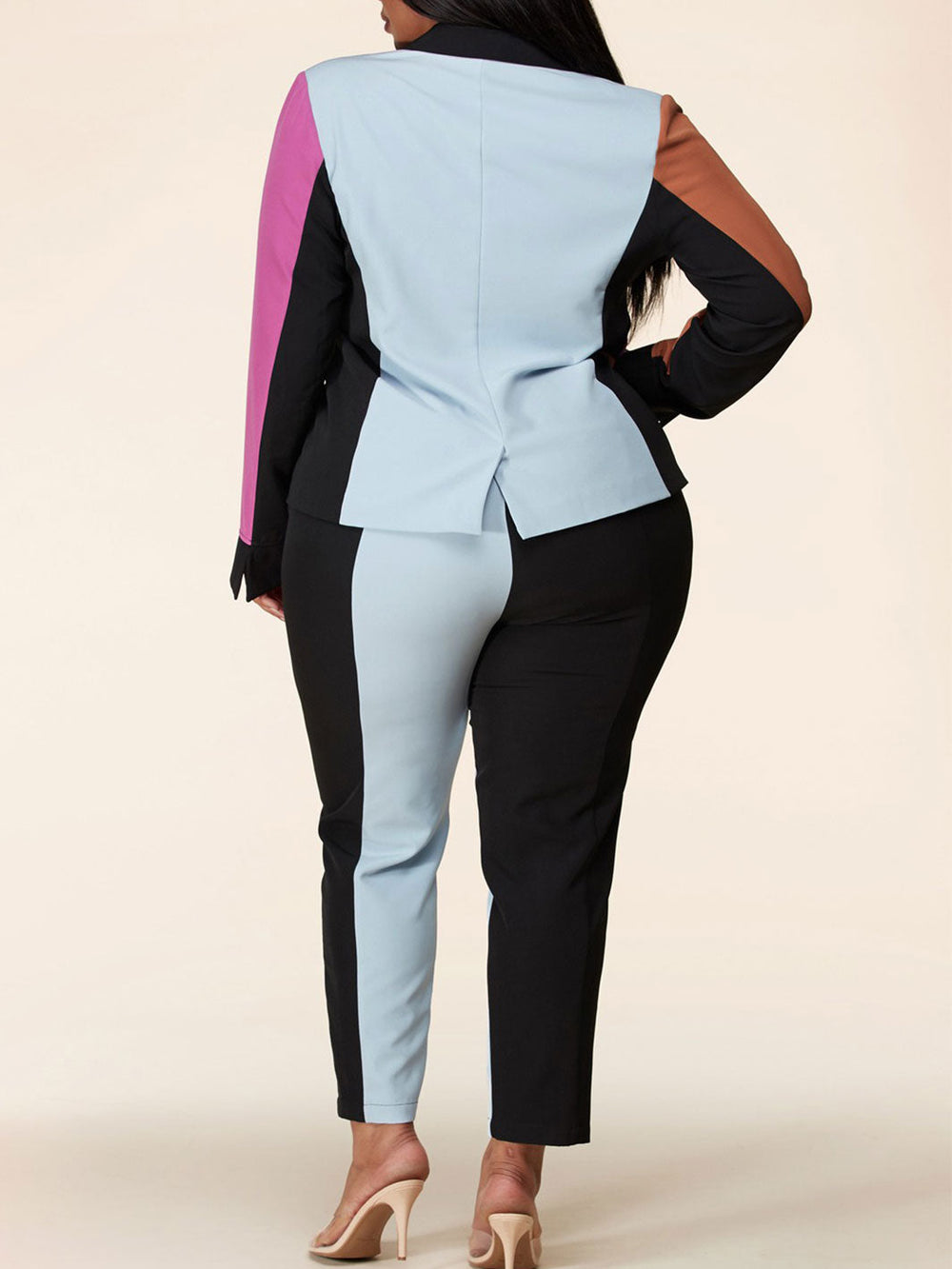 PLUS SIZE COLORBLOCK 2PC. V-NECK JACKET AND PANTS SET