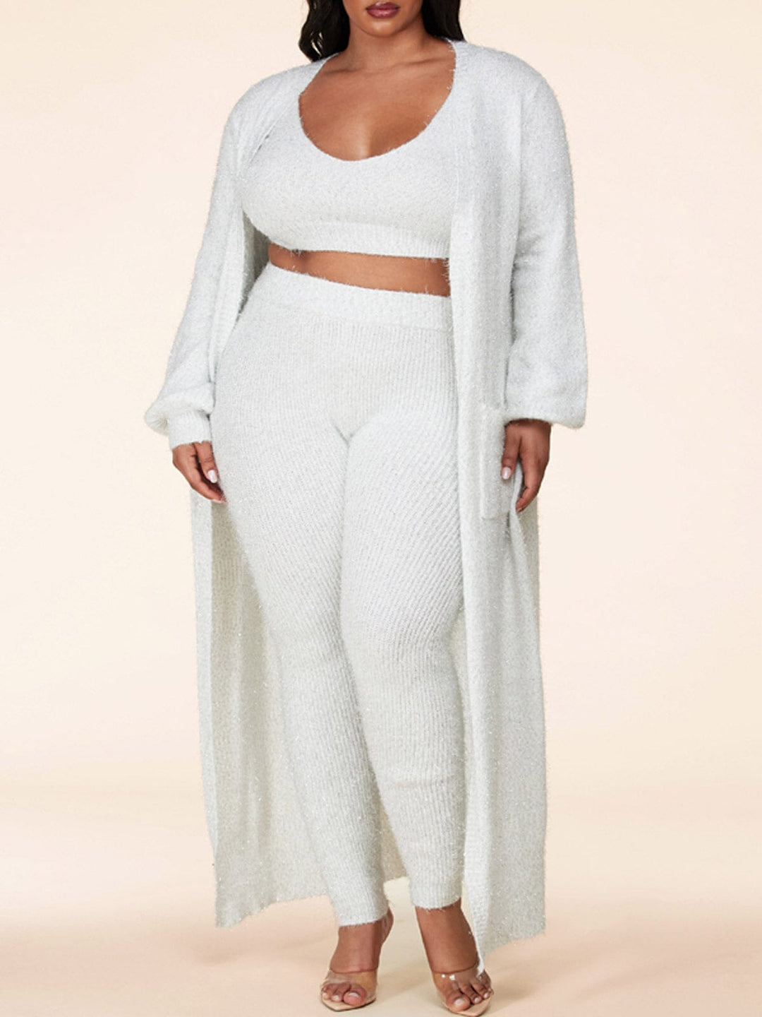 PLUS SIZE LONG SLEEVE 3PC. CARDIGAN TOP & PANTS SHIMMER SET