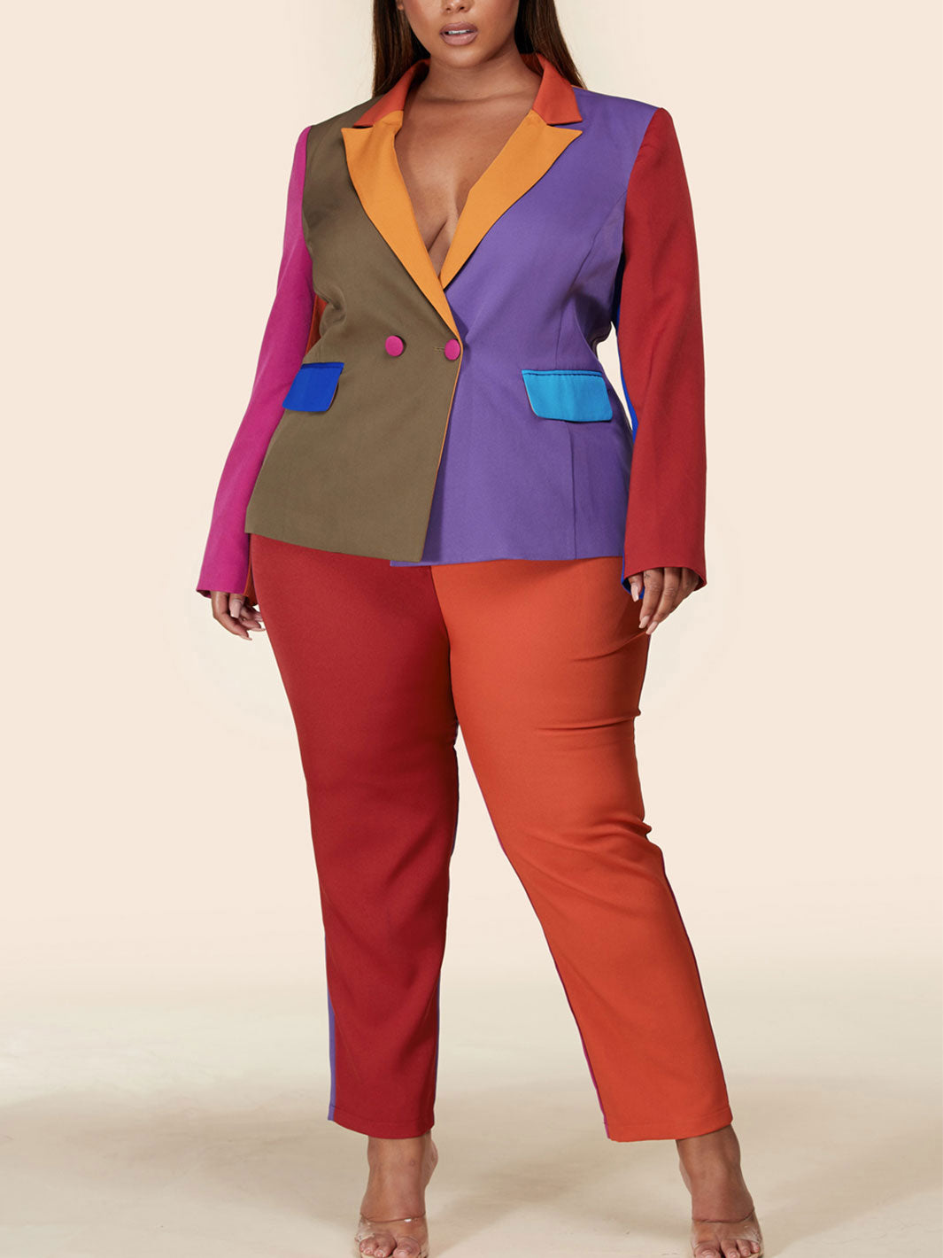 PLUS SIZE COLORBLOCK 2PC. V-NECK JACKET AND PANTS SET